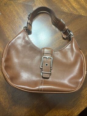 Coach Brown Leather Shoulder Bag with Buckle Detail